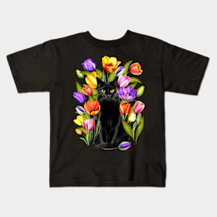 Black Cat With Tulip Flowers Happy Easter Day Kids T-Shirt